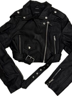 Bershka Black Cropped Faux Leather Moto Jacket with Belt